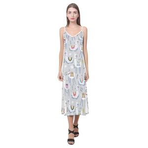 Cute Llama Alpaca pattern V-Neck Open Fork Long Dress