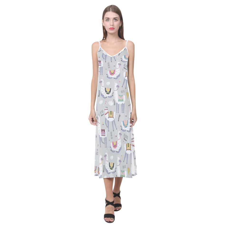 Cute Llama Alpaca pattern V-Neck Open Fork Long Dress