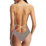 Red gold Sakura cherry blossom gray background Women's One-Piece Swimsuit