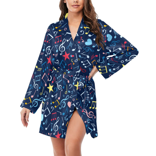 Music Notes Pattern Print Design 03 Women's Long Sleeve Belted Night Robe
