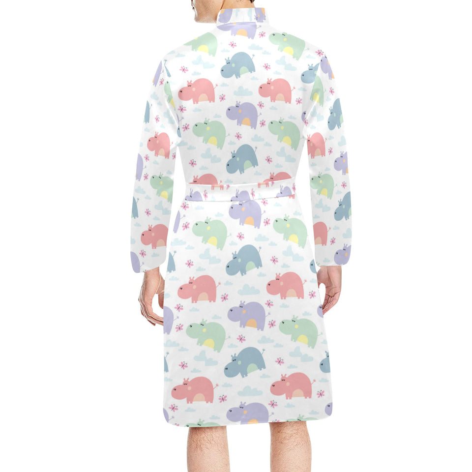 Hippopotamus Pattern Print Design 03 Men's Long Sleeve Belted Night Robe