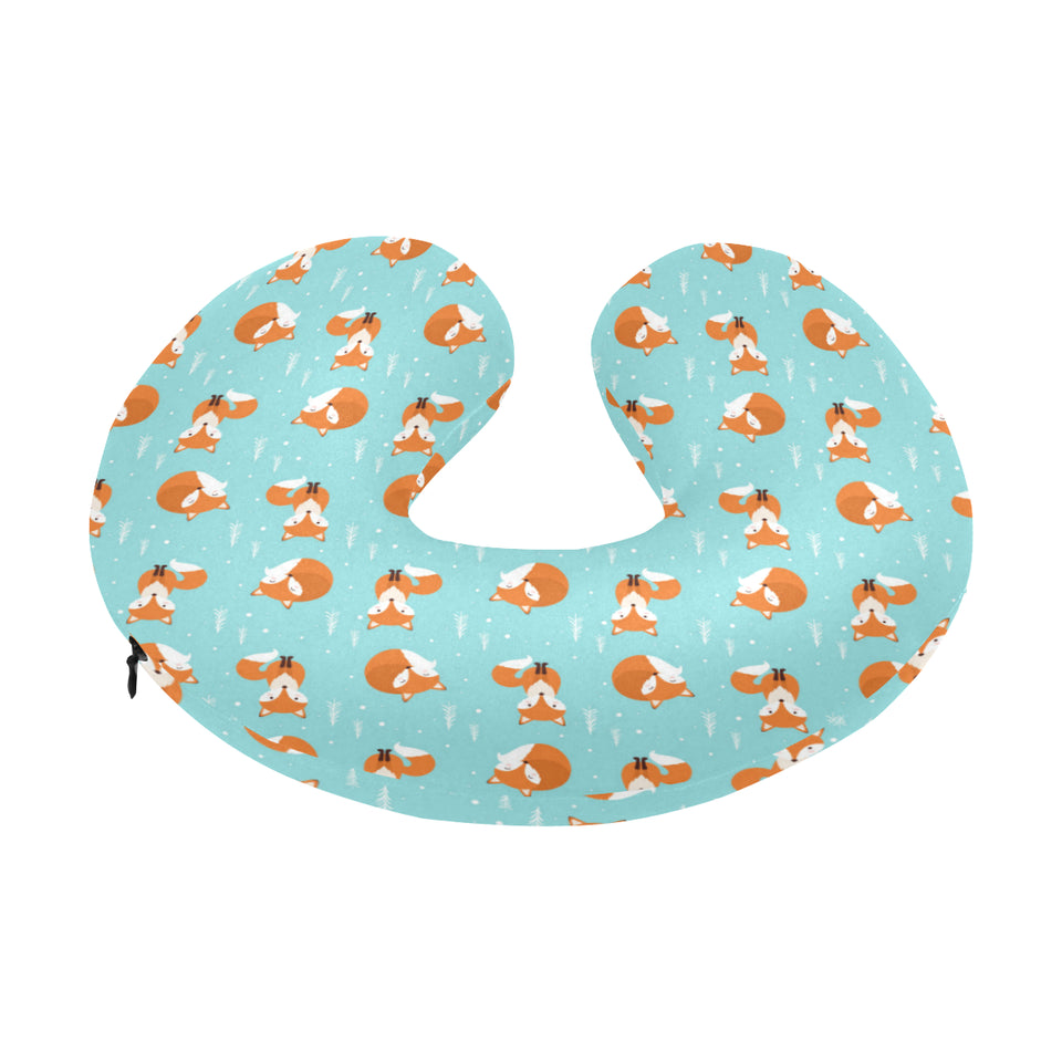Fox pattern blue b ackground U-Shaped Travel Neck Pillow