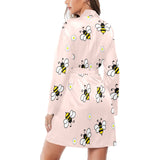 Cute bee flower pattern pink background Women's Long Sleeve Belted Night Robe