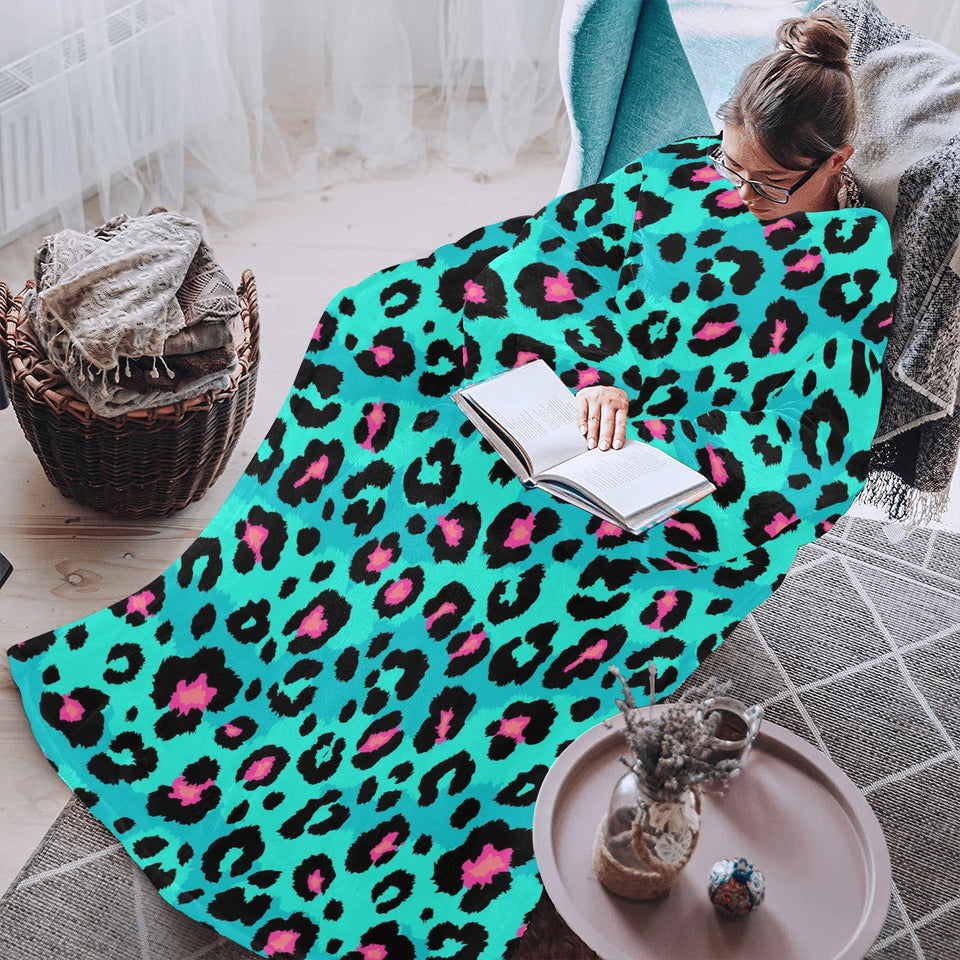 Green leopard skin print pattern Blanket Robe with Sleeves