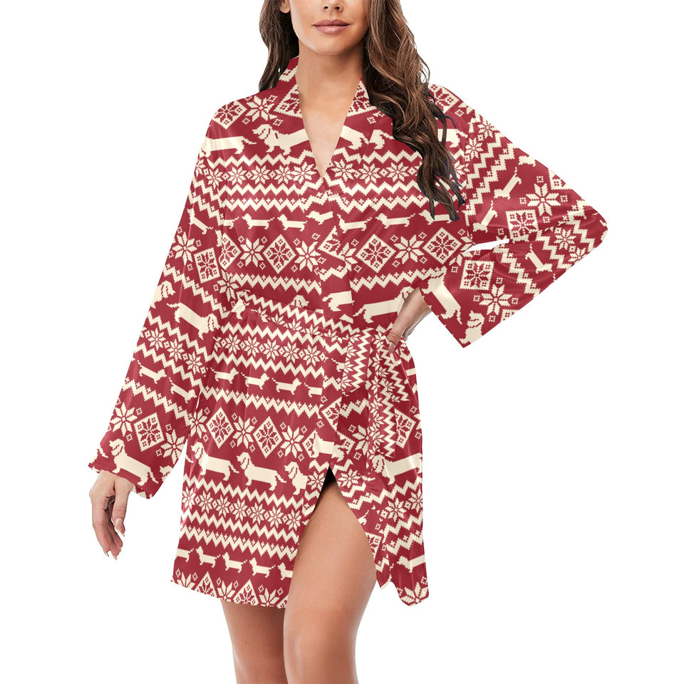 Dachshund Nordic pattern Women's Long Sleeve Belted Night Robe