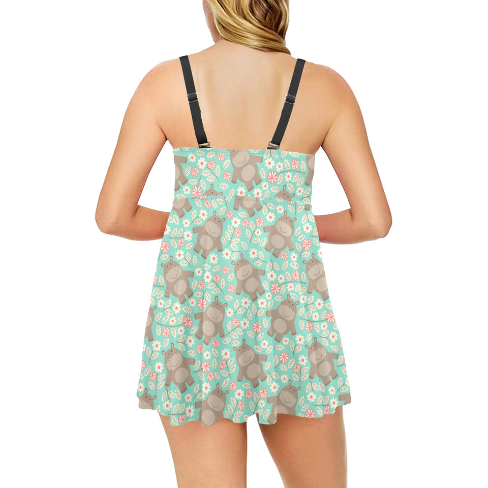Hippopotamus Pattern Print Design 02 Chest Sexy Pleated Two Piece Swim Dress