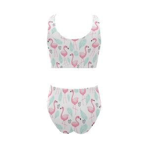 Cute flamingo pattern Chest Bowknot High Waisted Bikini Swimsuit