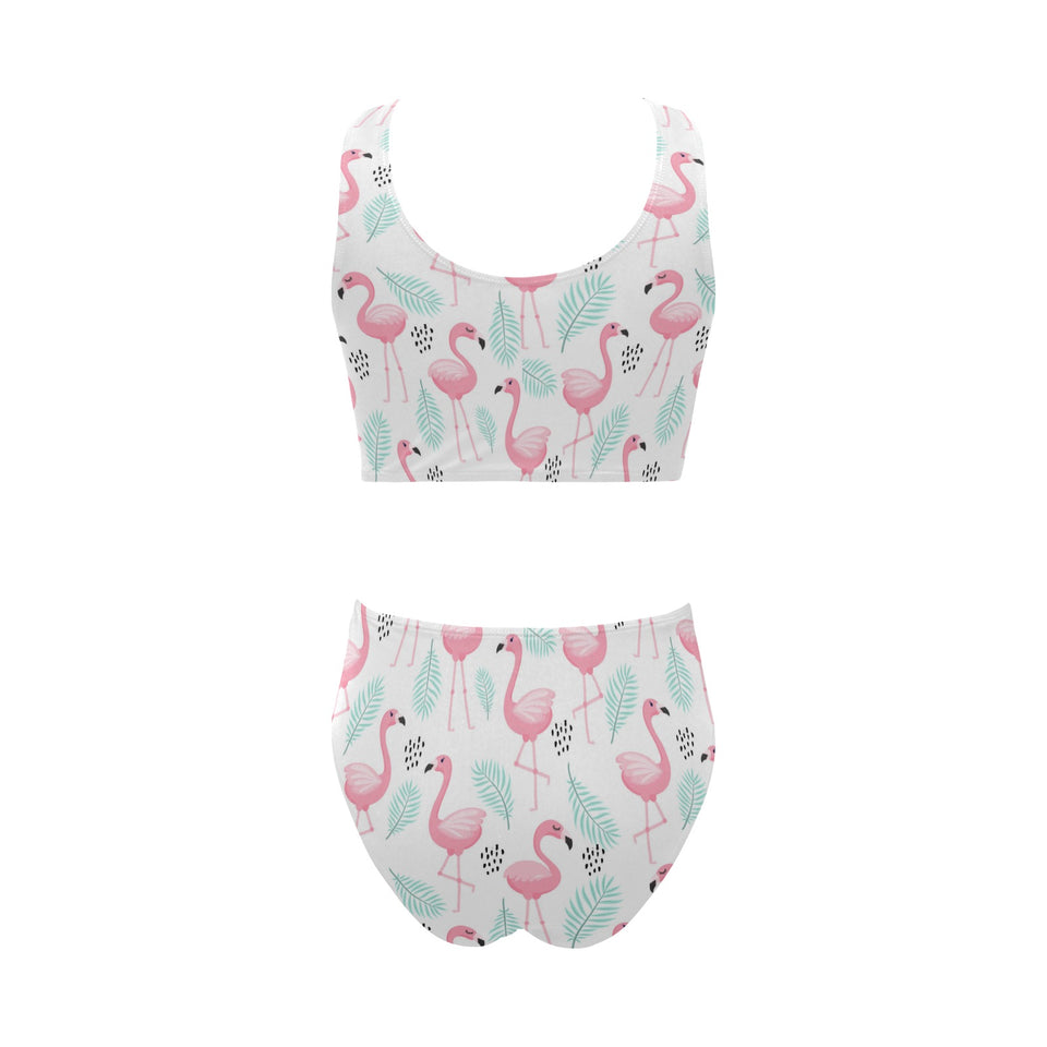 Cute flamingo pattern Chest Bowknot High Waisted Bikini Swimsuit