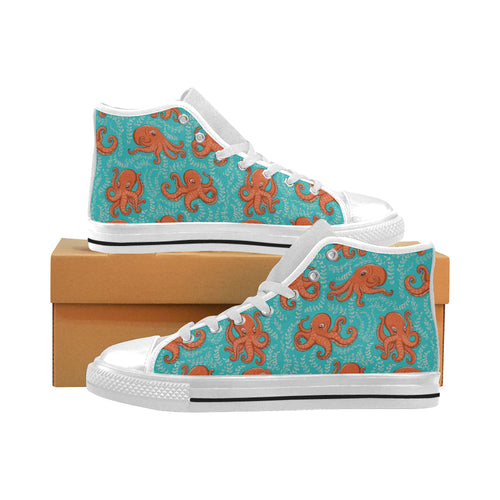 Octopus turquoise background Men's High Top Canvas Shoes White