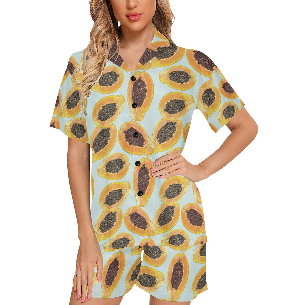 Watercolor papaya pattern Women's V-Neck Short Pajama Set
