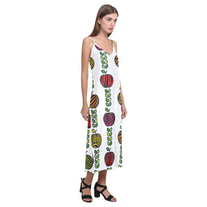 colorful apples leave zebra stripe V-Neck Open Fork Long Dress