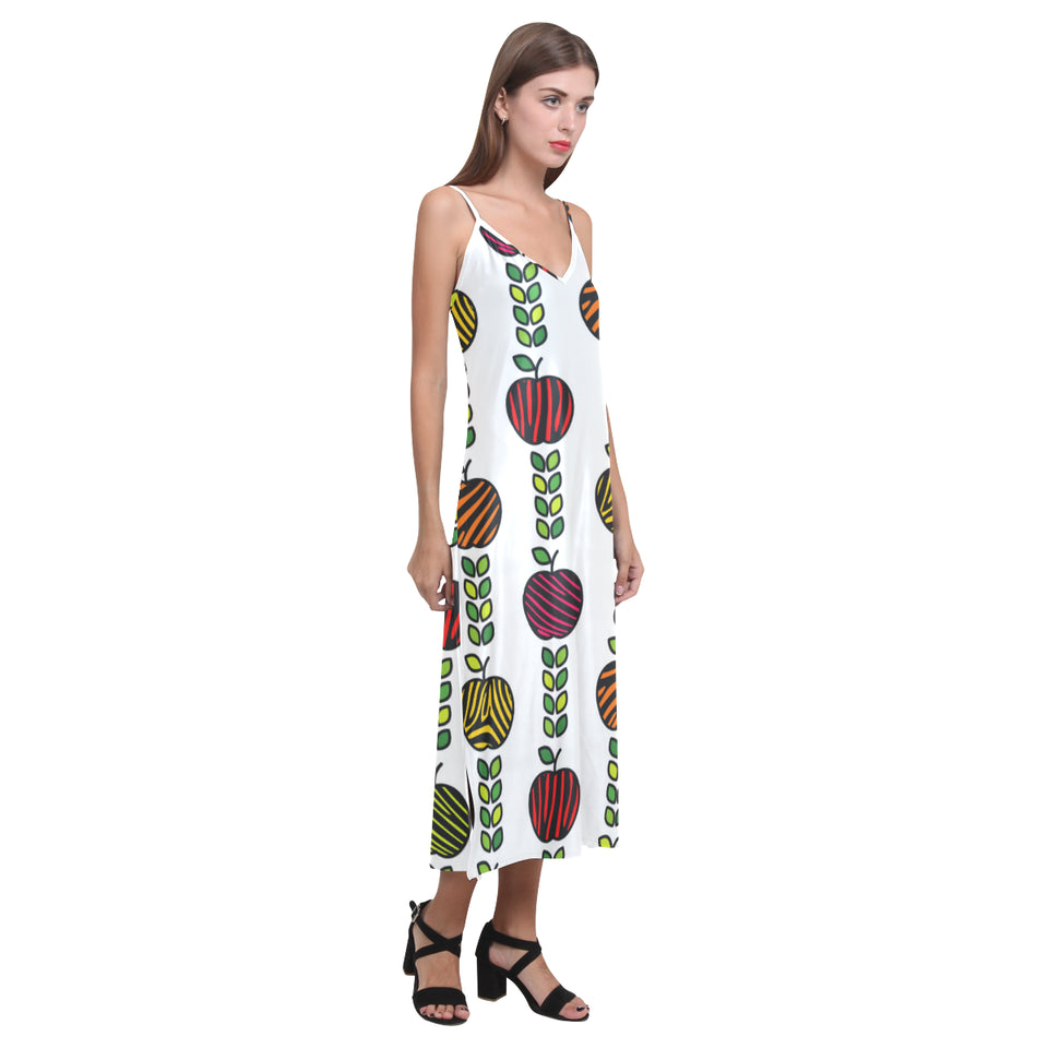 colorful apples leave zebra stripe V-Neck Open Fork Long Dress