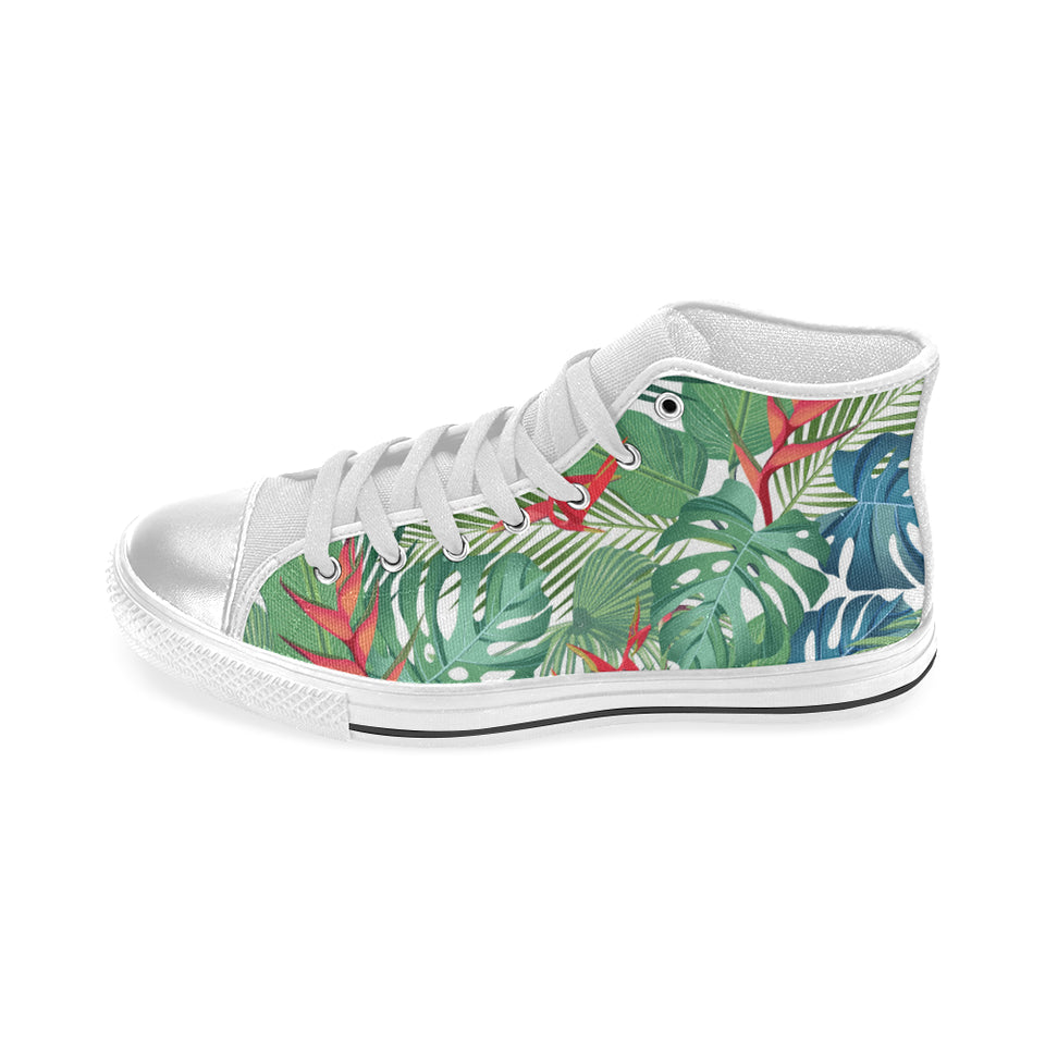 heliconia palm and monstera  leaves pattern Women's High Top Canvas Shoes White