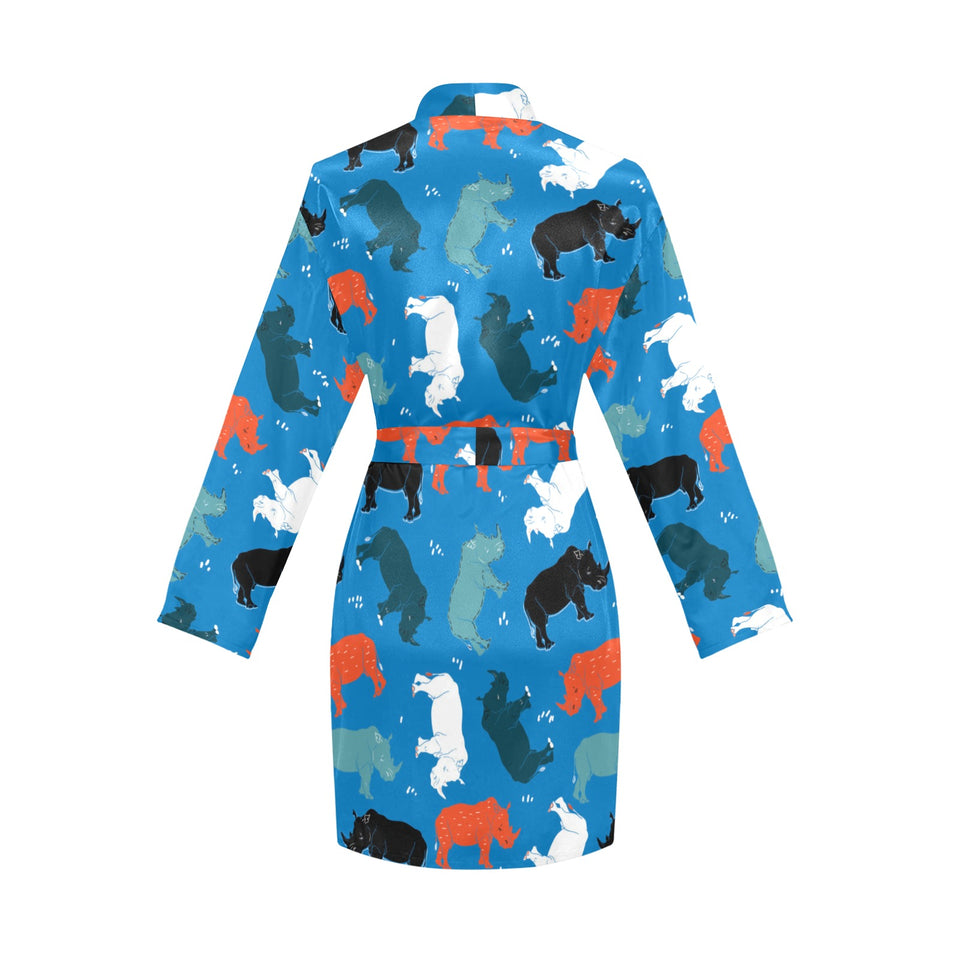 Colorful rhino pattern Women's Long Sleeve Belted Night Robe