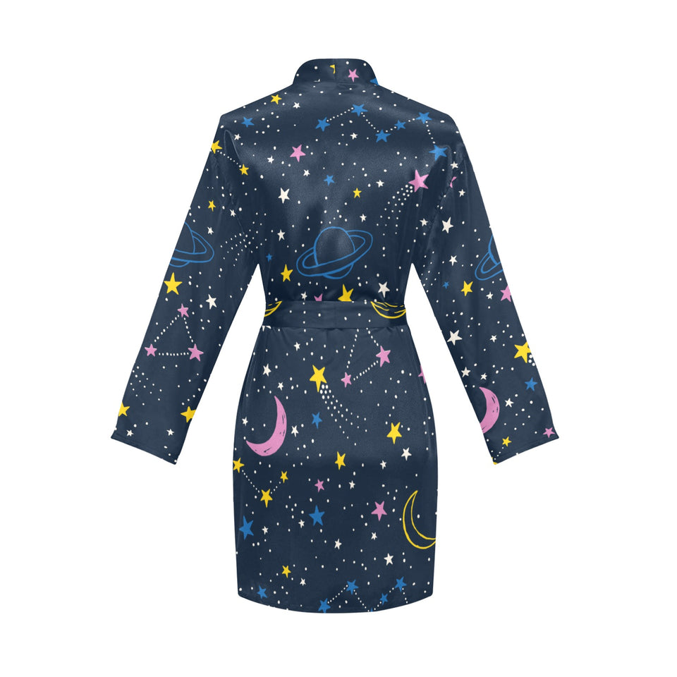 space pattern with planets, comets, constellations Women's Long Sleeve Belted Night Robe