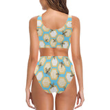 Bee honeycomb pattern Chest Bowknot High Waisted Bikini Swimsuit