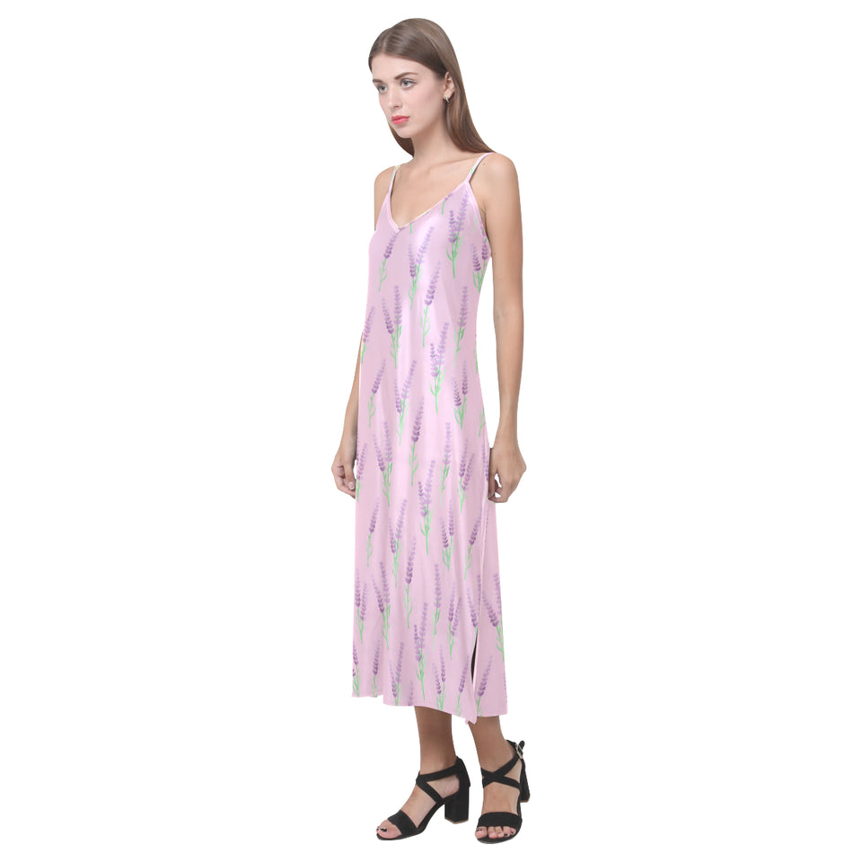 Lavender pattern pink background V-Neck Open Fork Long Dress