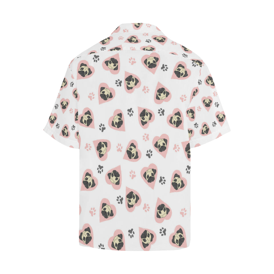 Cute pugs pink heart paw pattern Men's All Over Print Hawaiian Shirt