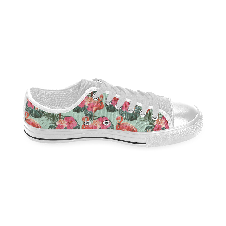 Beautiful flamingo tropical palm leaves hibiscus p Men's Low Top Canvas Shoes White