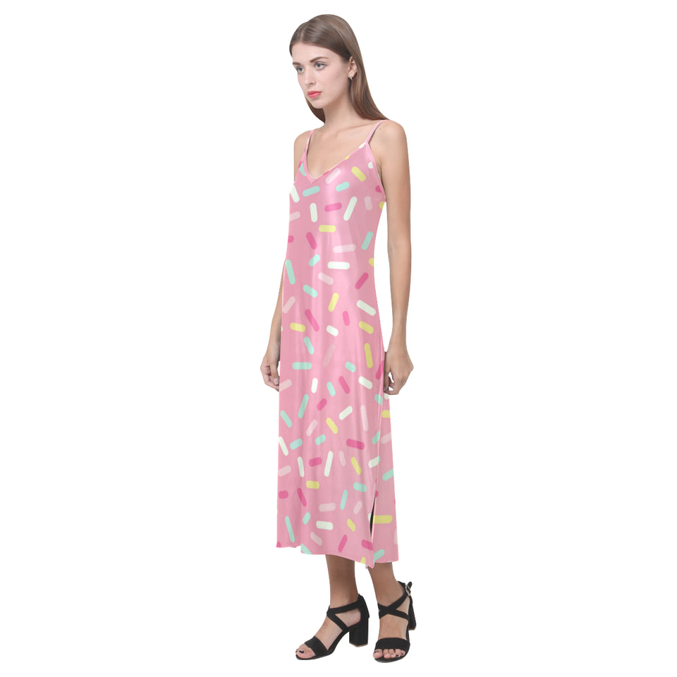 Pink donut glaze candy pattern V-Neck Open Fork Long Dress