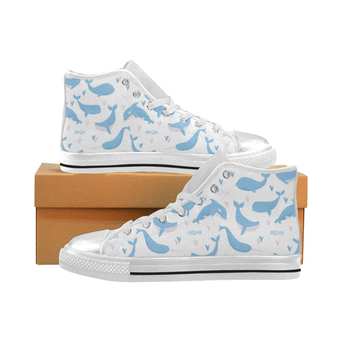 Blue whale pattern Women's High Top Canvas Shoes White