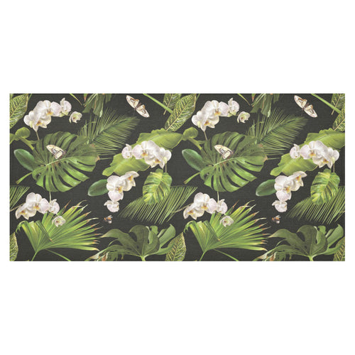 White orchid flower tropical leaves pattern blackg Tablecloth