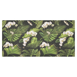 White orchid flower tropical leaves pattern blackg Tablecloth