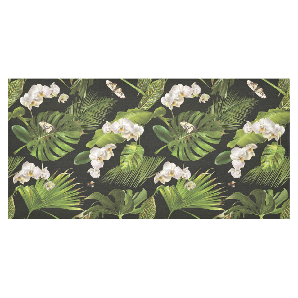 White orchid flower tropical leaves pattern blackg Tablecloth