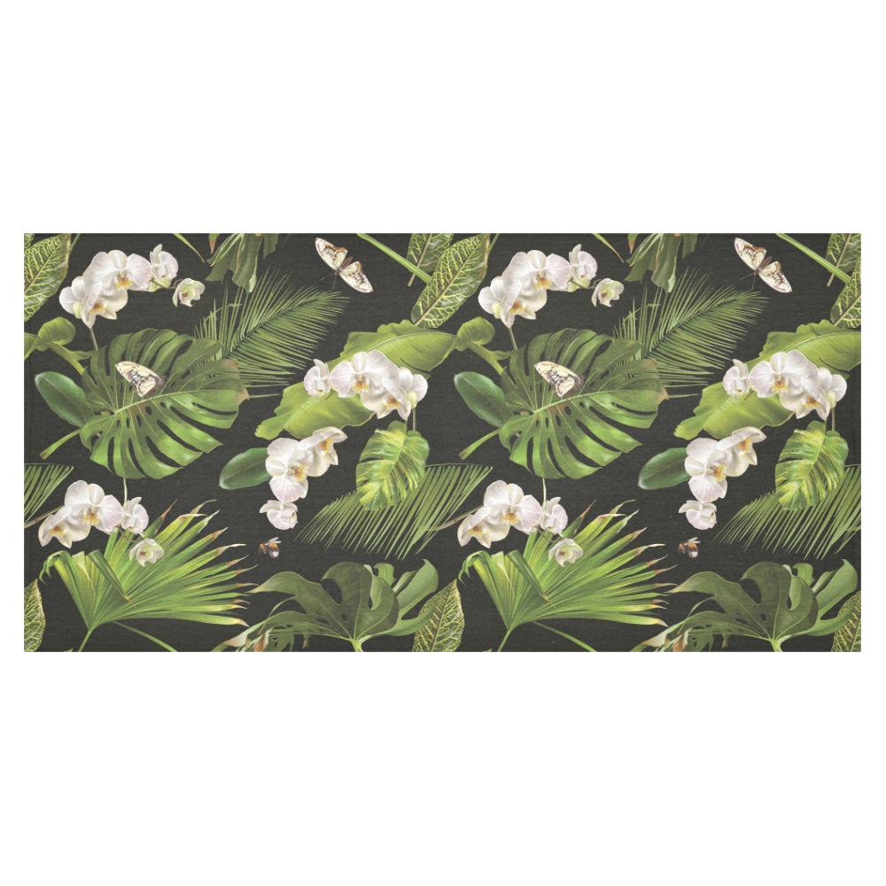 White orchid flower tropical leaves pattern blackg Tablecloth