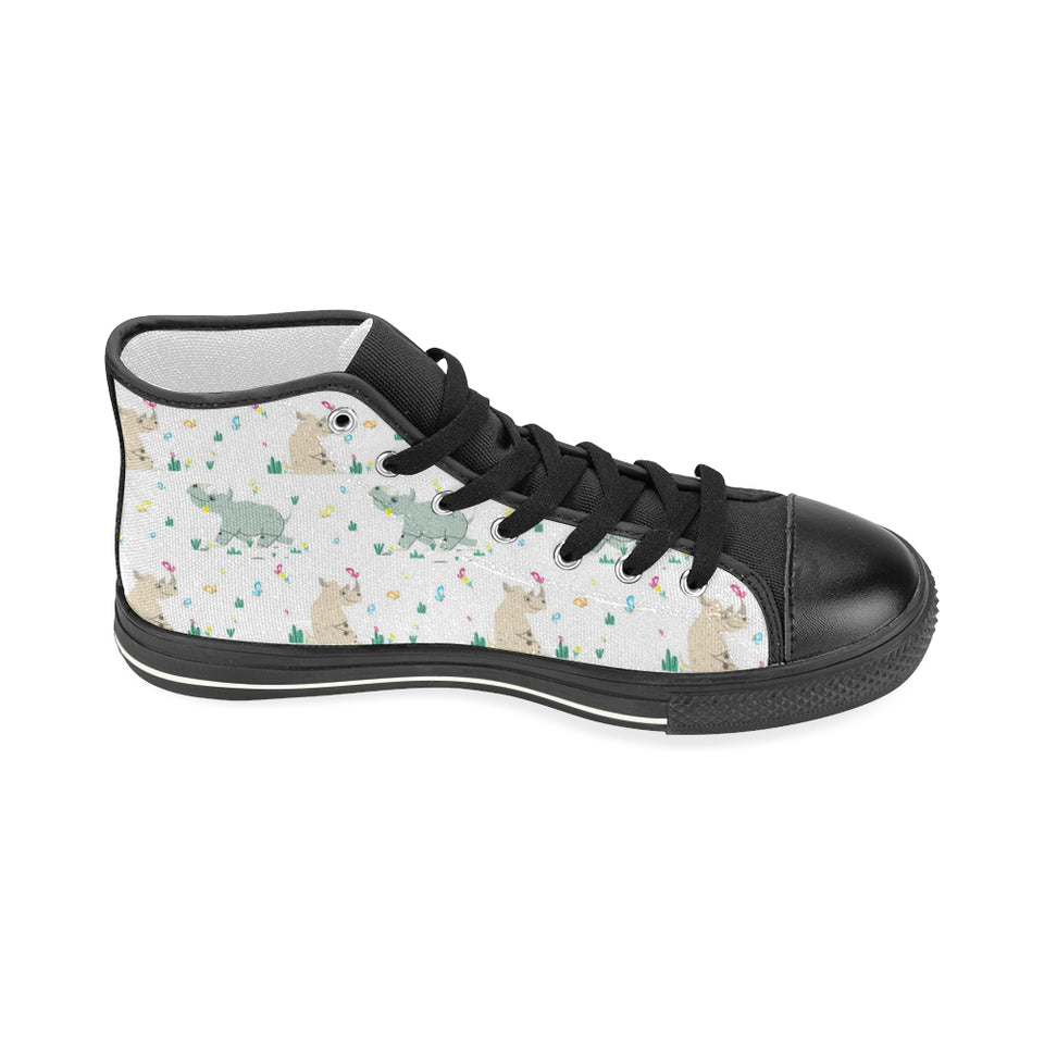 Cute Rhino pattern Women's High Top Canvas Shoes Black