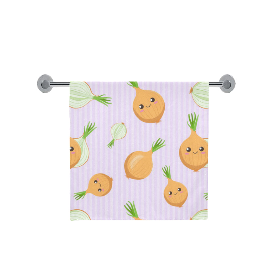 cute onions smiling faces purple background Bath Towel