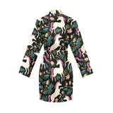 Unicorns forest background Women's Long Sleeve Belted Night Robe