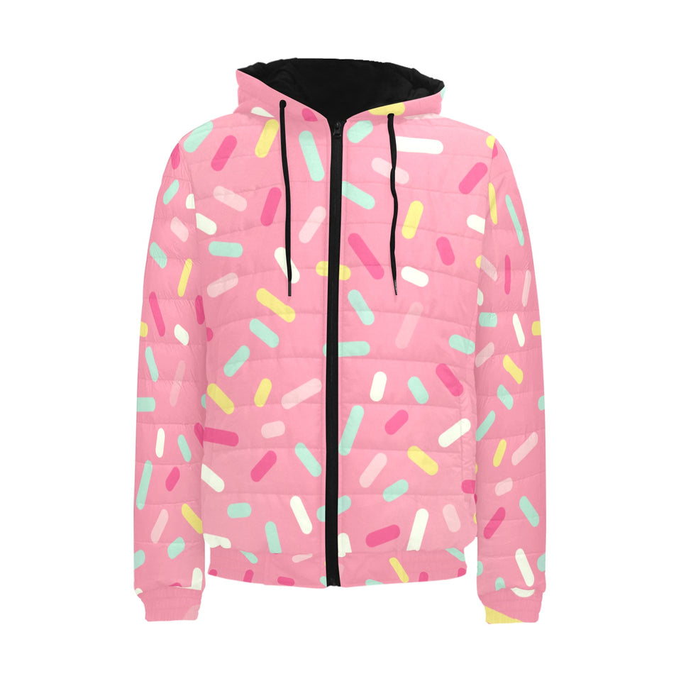 Pink donut glaze candy pattern Men's Padded Hooded Jacket