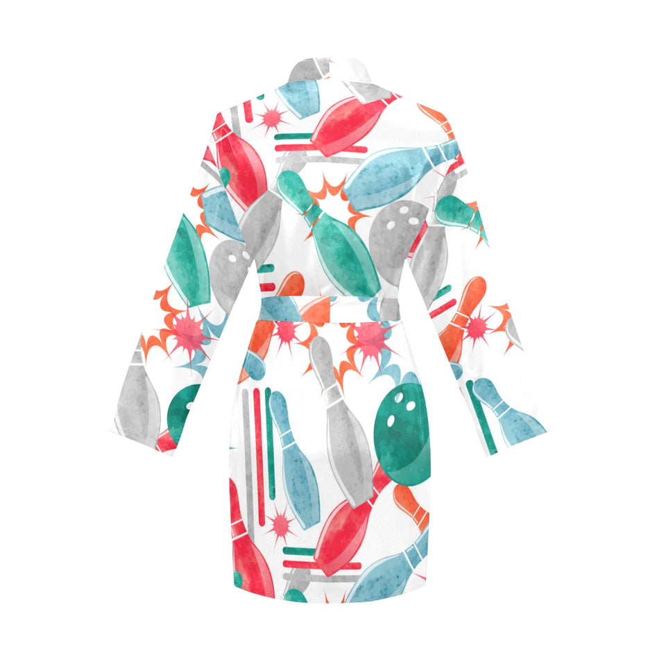 Watercolor bowling pattern Women's Long Sleeve Belted Night Robe