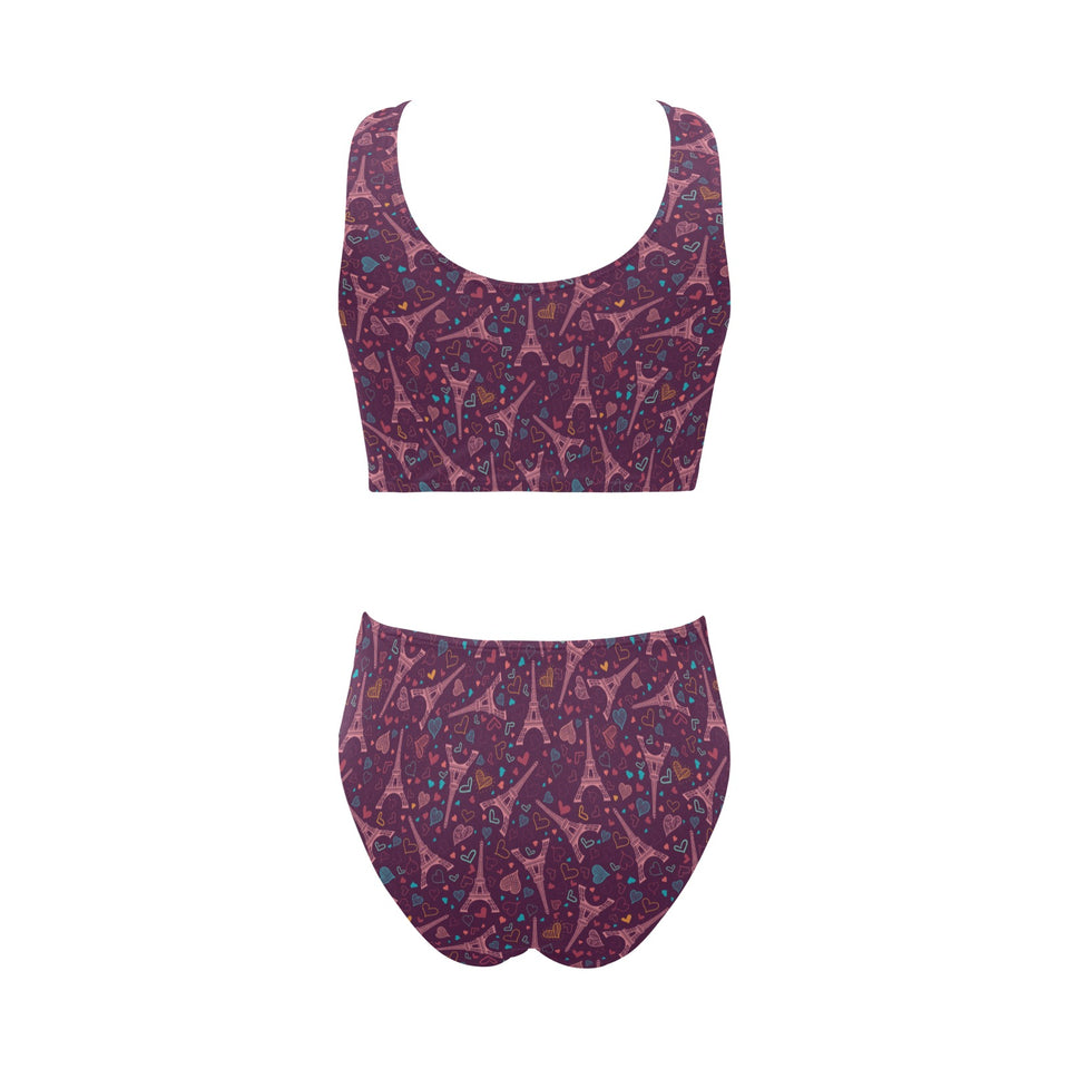 Eiffel Tower Heart Pattern Print Design 04 Chest Bowknot High Waisted Bikini Swimsuit
