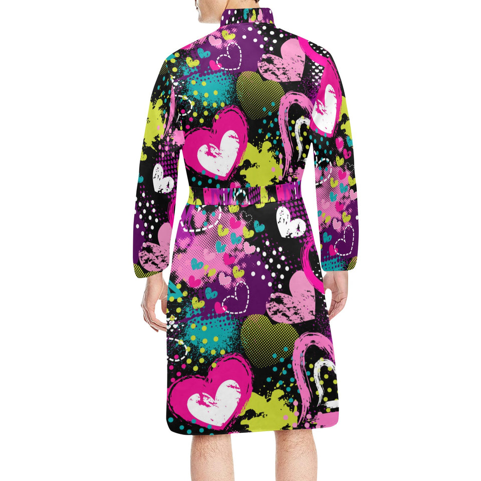 heart dot wave star creative design pattern Men's Long Sleeve Belted Night Robe