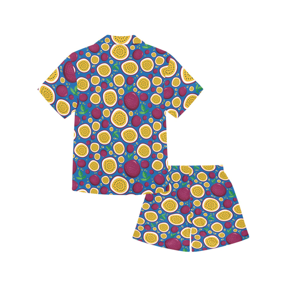 Passion fruit blue background Kids' Boys' Girls' V-Neck Short Pajama Set