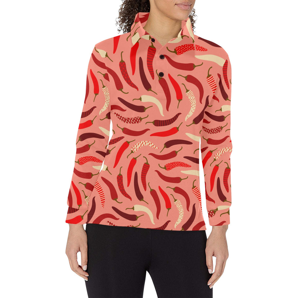 Beautiful Chili peppers pattern Women's Long Sleeve Polo Shirt