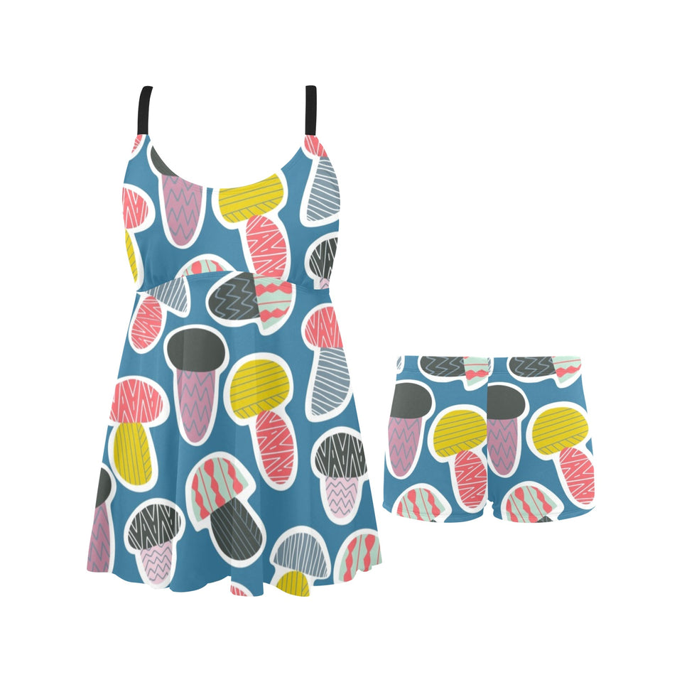 Colorful mushroom design pattern Chest Sexy Pleated Two Piece Swim Dress