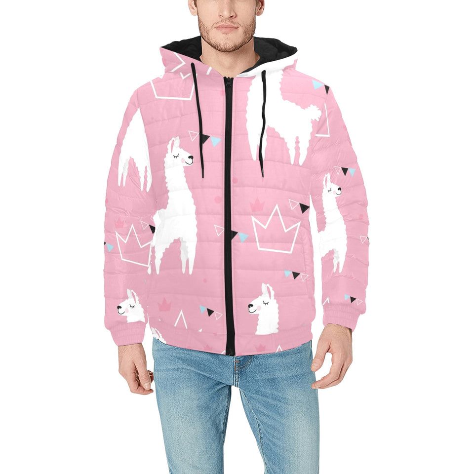 Llama Alpaca pink background Men's Padded Hooded Jacket
