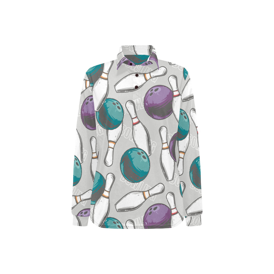 Bowling ball and pin gray background Women's Long Sleeve Polo Shirt
