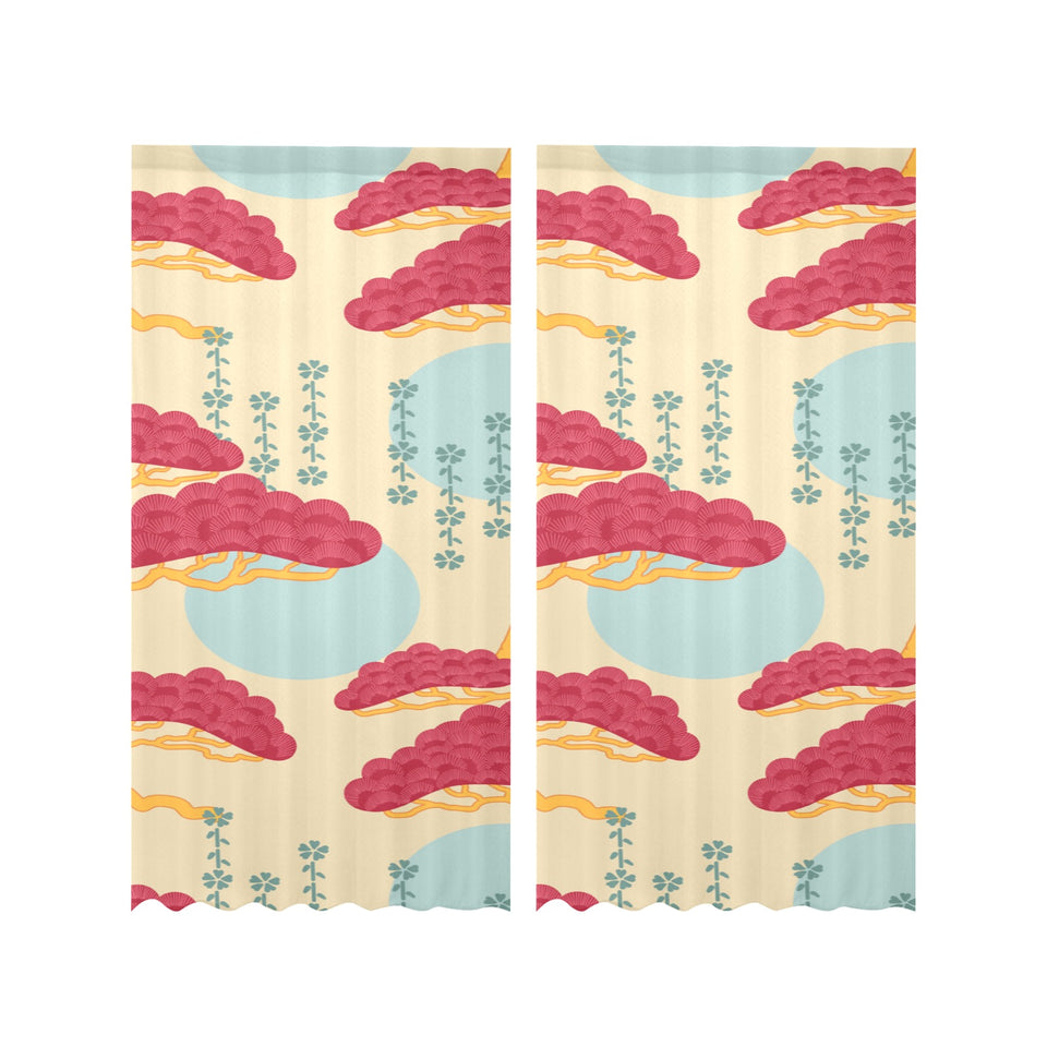 Red Bonsai gray sun japanese pattern Gauze Curtain