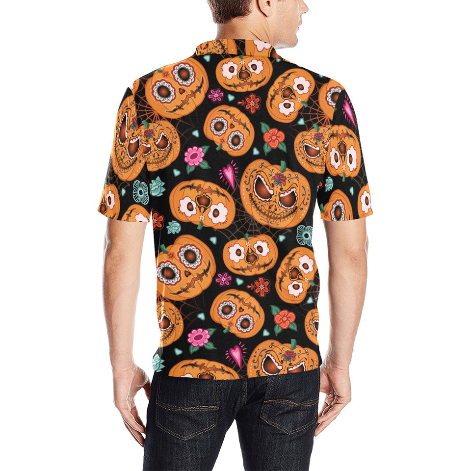 Pumpkin flowers spiderweb Halloween theme Men's All Over Print Polo Shirt