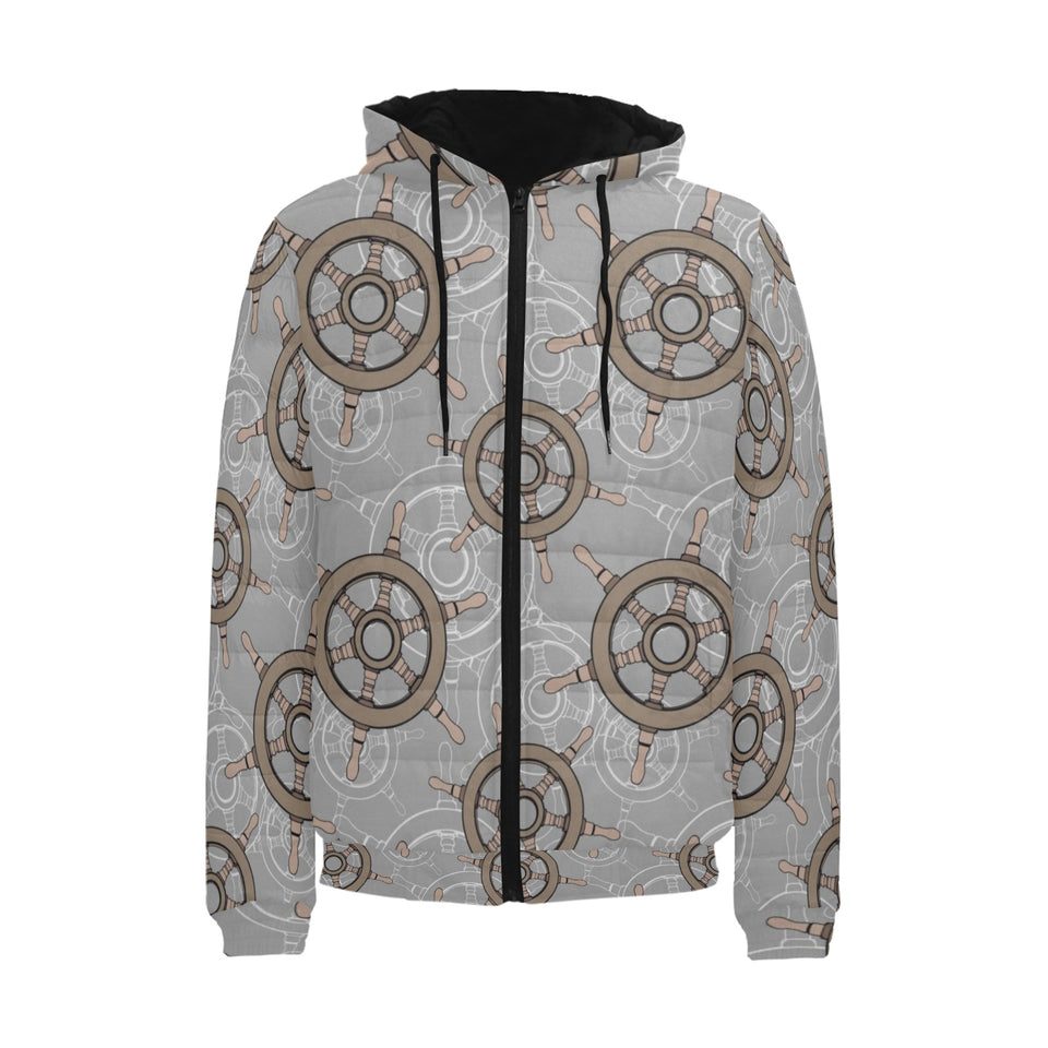 nautical wood steering wheel pattern Men's Padded Hooded Jacket