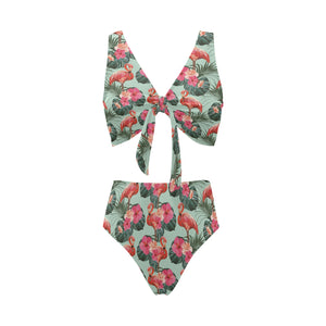 Beautiful flamingo tropical palm leaves hibiscus p Chest Bowknot High Waisted Bikini Swimsuit