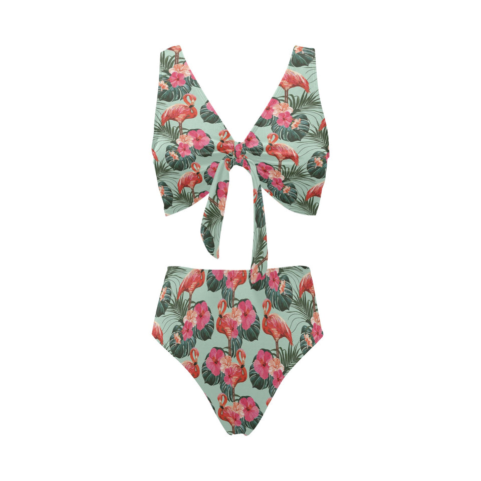 Beautiful flamingo tropical palm leaves hibiscus p Chest Bowknot High Waisted Bikini Swimsuit