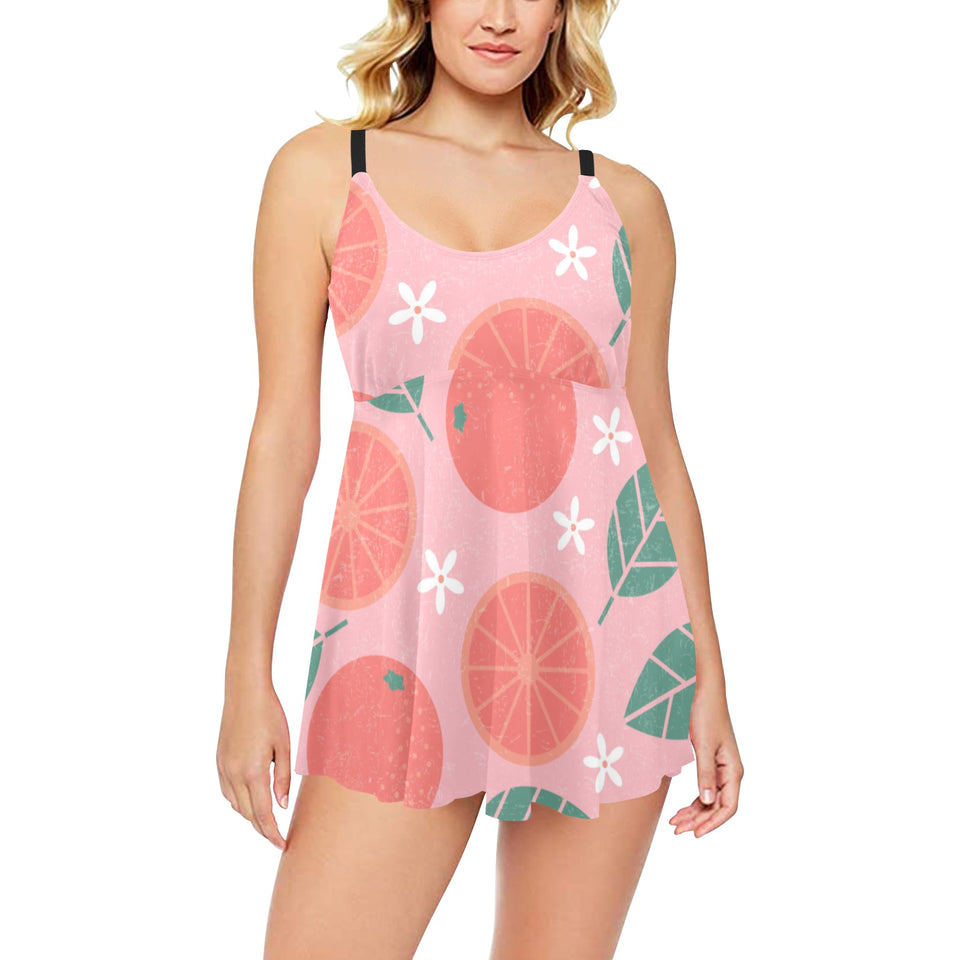 Grapefruit leaves flower pink background Chest Sexy Pleated Two Piece Swim Dress