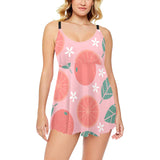 Grapefruit leaves flower pink background Chest Sexy Pleated Two Piece Swim Dress