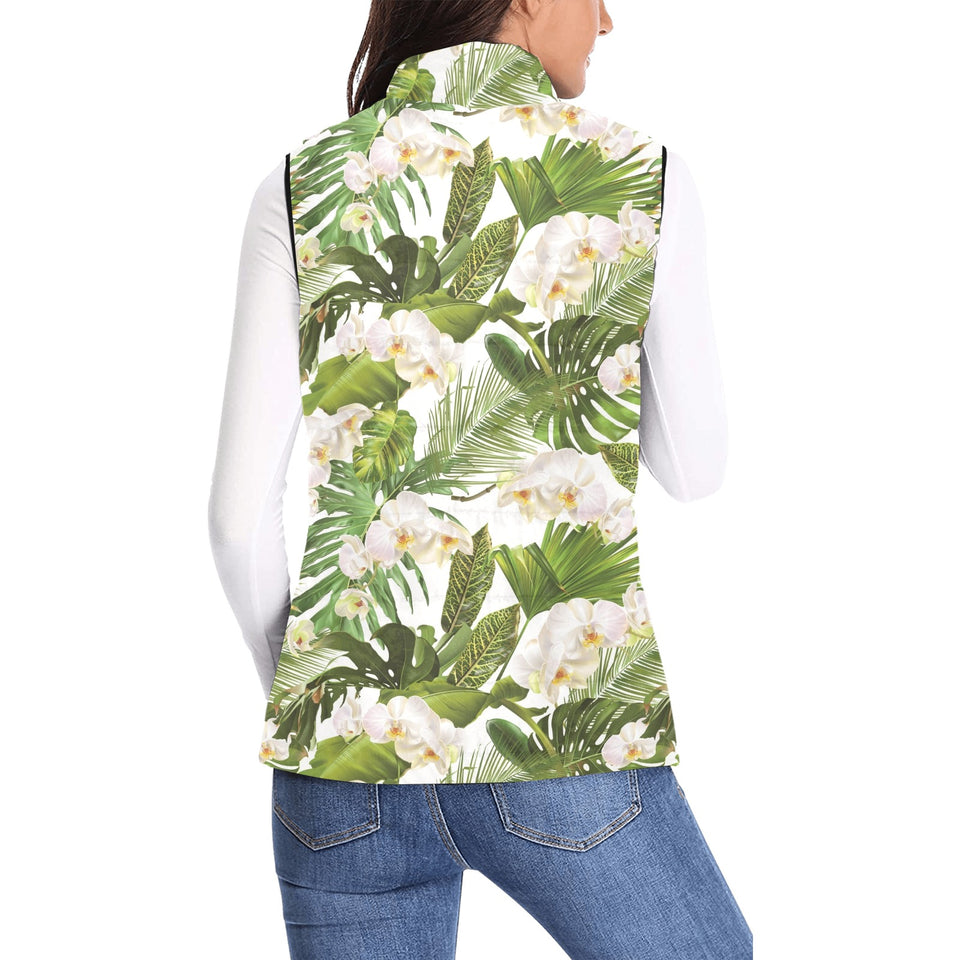 White orchid flower tropical leaves pattern Women's Padded Vest
