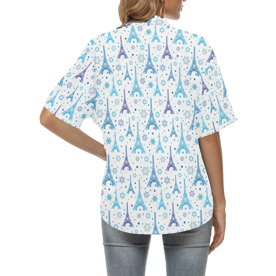 Blue Eiffel Tower Theme Pattern Print Design 01 Women's All Over Print Hawaiian Shirt
